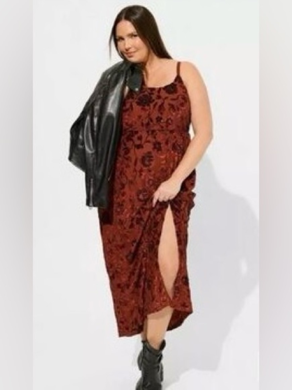 NWT Torrid rust red velvet burnout floral high slit maxi cami dress size 1X